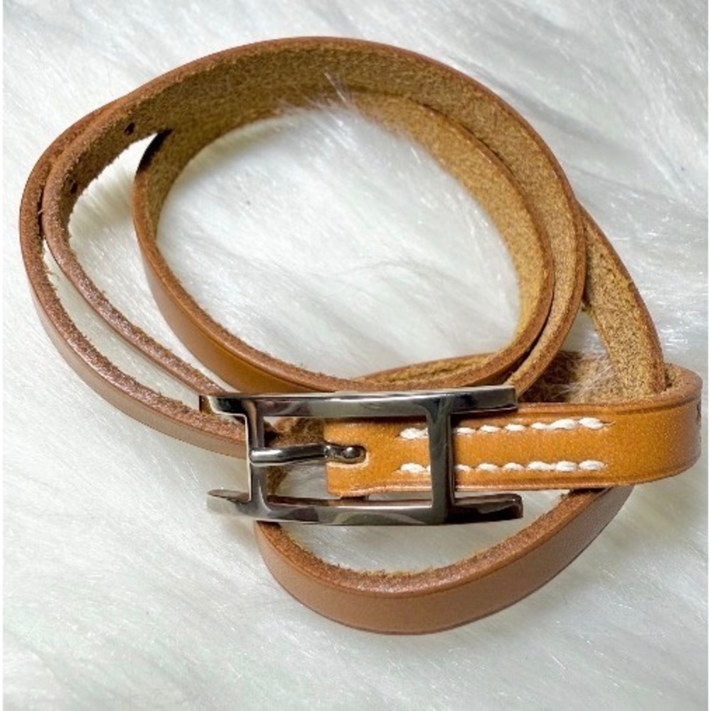 Hermes Unisex Leather Cognac Bracelet Silver H Buckle Square G w/ COA - Picture 7 of 9